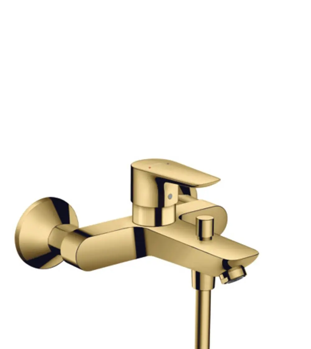 Wannenmischer von Hansgrohe in glänzender goldener Optik, mit einem Hebel und einer Wandbefestigung für die Wassersteuerung.